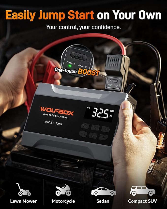 WOLFBOX MV10A 2000A Jump Starter with Air Compressor, 37Wh Car Battery Jumper Starter Portable (up to 5L Gas Engine) with 150PSI Tire Inflator, 12V Jump Box with Jumper Cables, Boost, LED Light