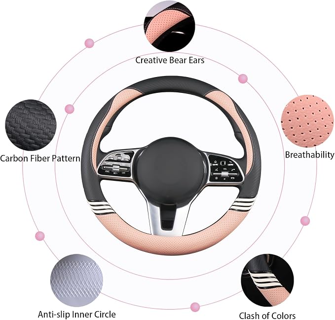 Small 14 inch Cute Leather Steering Wheel Cover Black and Pink | Breathable Non-Slip Faux Leather and Carbon Fiber Car Accessories for Women Men 13.5 inch to 14 inch