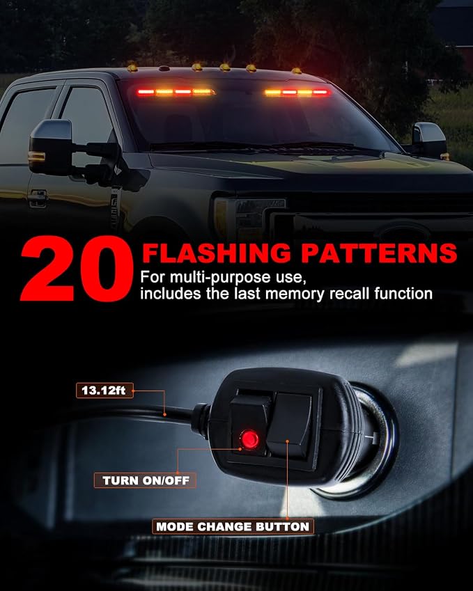 HLauto 6Z4J Emergency Dash Strobe Lights: 2x16.8 inch Red Amber Safety Lights, 48 LED Flashing Warning Hazard Interior Windshield Visor Traffic Light Bar for Trucks, Construction Vehicles