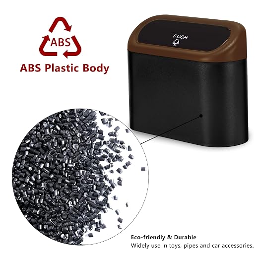 Ginsco Mini Car Trash Can with Lid, Small Car Garbage Can, Cute Leakproof ABS Car Trash Bin, Car Accessories for Interior, Garbage Bin for Car, Home, Office with 60pcs Trash Bags Black/Brown