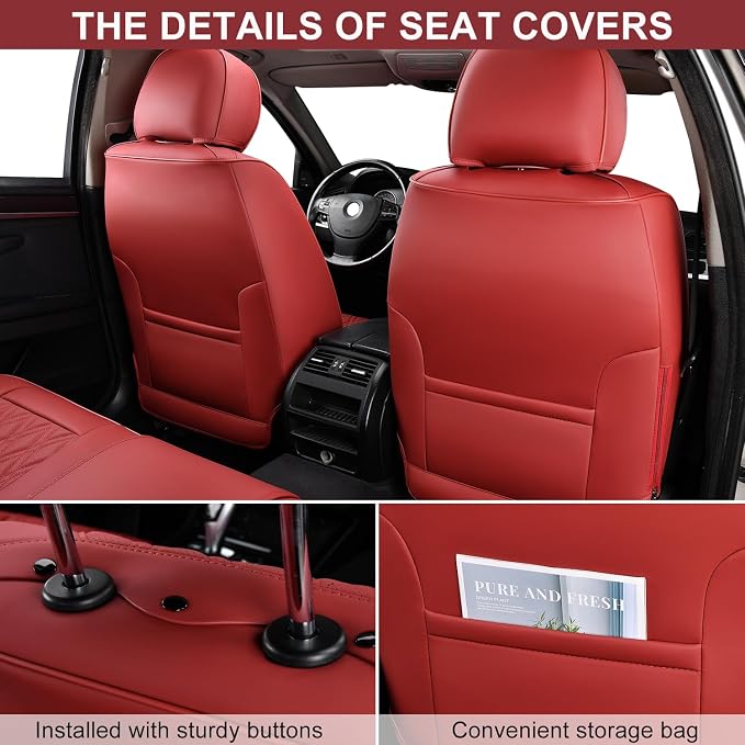 Car Seat Covers Full Set, Breathable Leather Automotive Front and Rear Seat Covers, Car Seat Protectors Full Set,Universal Automotive Vehicle Seat Cover for Most Sedan SUV Pick-up Trucks, Wine Red