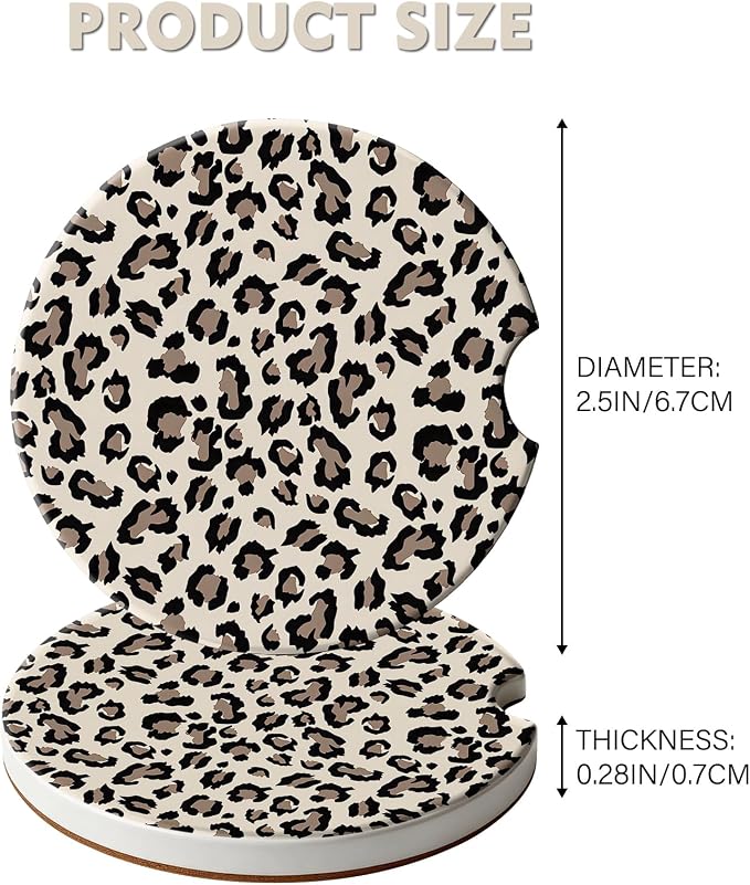 2 Pack Car Coasters for Cup Holders, Absorbent Ceramic Cup Coaster with Cork Base and Finger Notch, Cute Car Accessories Interior for Women Men (Leopard-Yellow)