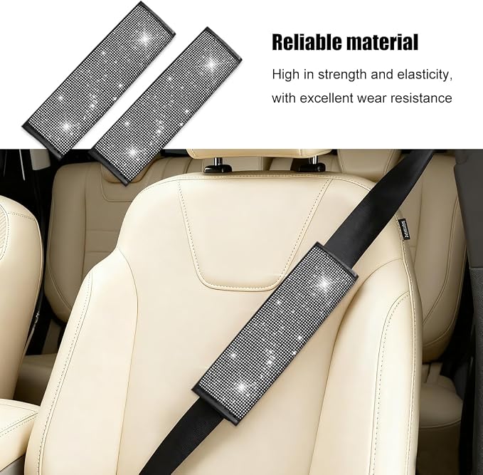 8PCS Bling Car Accessories Set, Sparkly Rhinestone Vehicle Steering Wheel Seat Belt Gear Shift Start Stop Button Cover, Diamond Auto Cup Holder Coaster Decoration, Universal Fit (White)