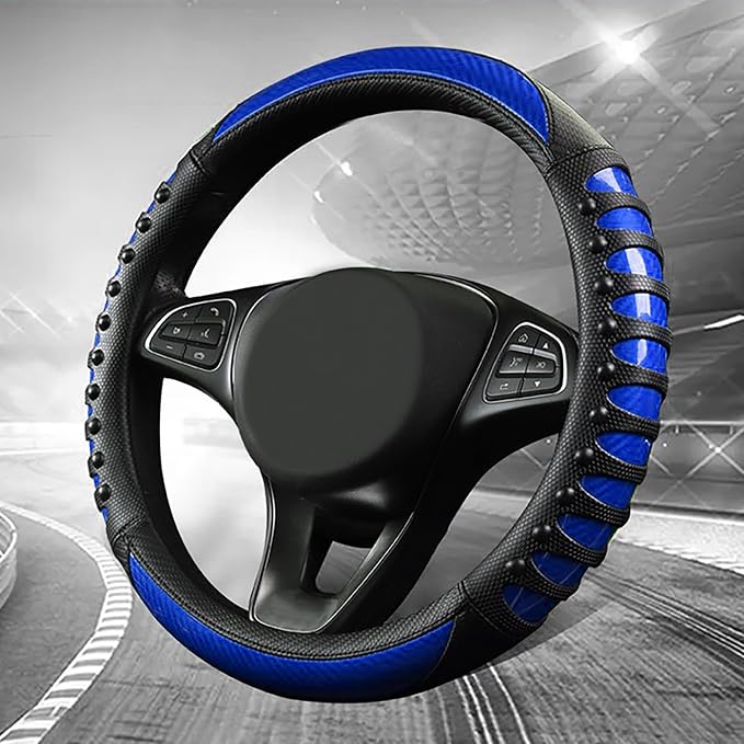 Car Leather Steering Wheel Cover - Carbon Fibre Material, Universal 14.5-15 Inch Leather Anti-Slip Breathable Auto Steering Wheel Covers for Men Women (3D Massage - Sports Blue)