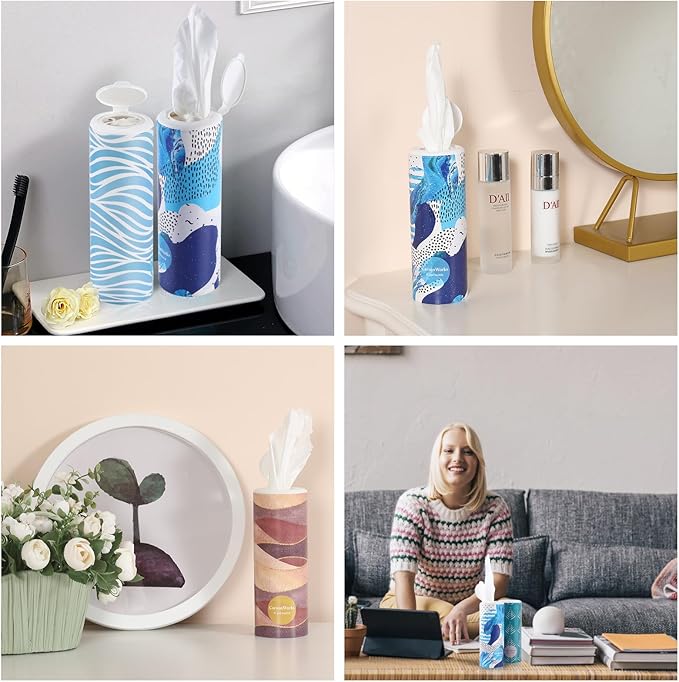 Car Tissues Cylinder 4 Packs Round Tissue Box Holder Fit for Car Cup Holder, Home Small Tissue Dispenser with Facial Tissues for Car Bathroom Office Travel