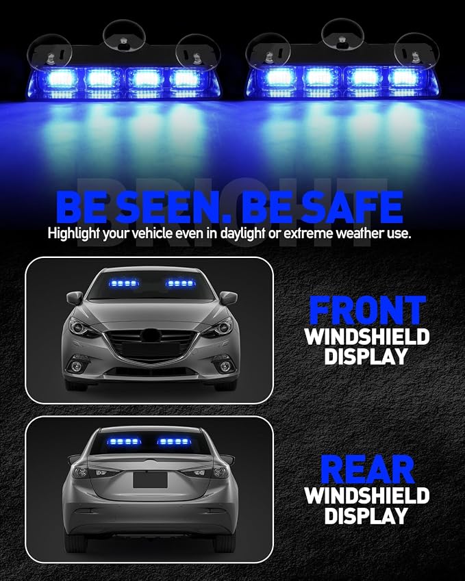 HLauto 2002L Emergency Dash Strobe Lights: Blue Safety Lights, Flashing Warning Hazard Windshield Visor Traffic Light Bars for Trucks, Construction Vehicles (2x8.5 inch, 48LED)