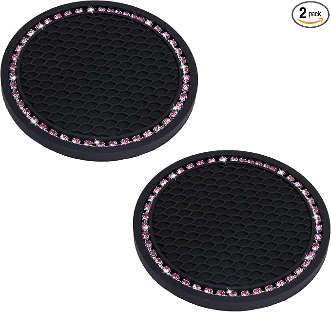 BFXM 2 PCS Bling Cup Holder Coasters for Car, Car Accessories for Women 2.75 inch Diamond Universal Non-Slip Silicone Cup Holder Coasters, Sparkly Bling (Pink Diamond)