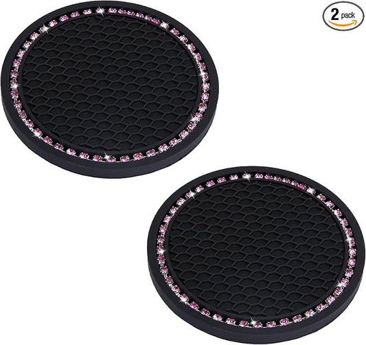 BFXM 2 PCS Bling Cup Holder Coasters for Car, Car Accessories for Women 2.75 inch Diamond Universal Non-Slip Silicone Cup Holder Coasters, Sparkly Bling (Pink Diamond)