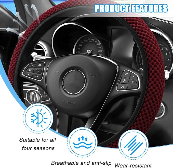 Car Elastic Stretch Steering Wheel Cover, 14.5-15" Breathable Ice Silk Anti-Slip Vehicle Steering Wheel Protector, Comfy Auto Interior Protection Accessories, Universal Fit (Wine Red)