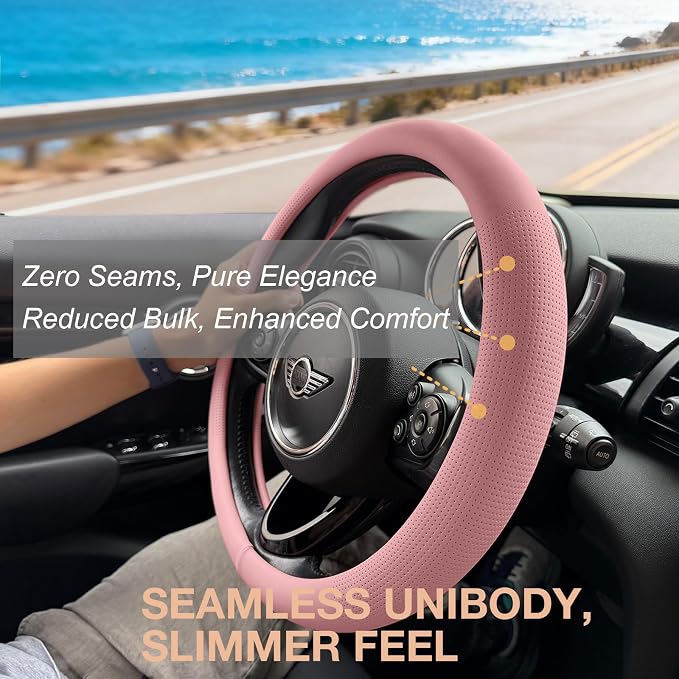 PINCTROT Nappa Leather Steering Wheel Cover, Slim Fit No Bulk Design, One Piece Leather with Breathable Perforation, Fit Like Gloves, Universal 14.5-15 Inch(Nappa Pink)