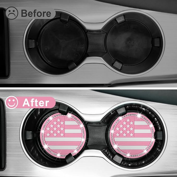 JUSTTOP Bling Car Cup Holder Coaster,4PCS American Flag Cup Holder Insert,Universal Non-Slip Cup Holders,Car Accessories Interior for Women and Man(Pink)
