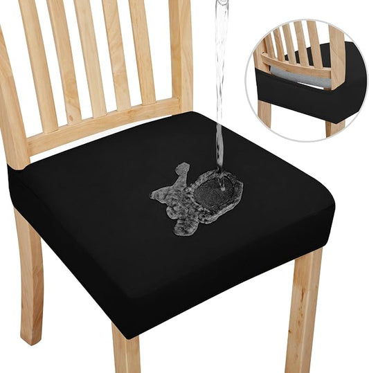 Easy-Going 100% Waterproof Seat Covers for Dining Room Chairs Set of 4, Stretch Chair Seat Slipcovers Protector Removable and Washable Kitchen Dining Chair Covers, Black