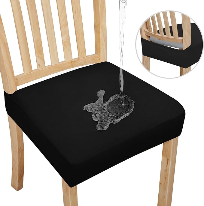 Easy-Going 100% Waterproof Seat Covers for Dining Room Chairs Set of 8, Stretch Chair Seat Slipcovers Protector Removable and Washable Kitchen Dining Chair Covers, Black