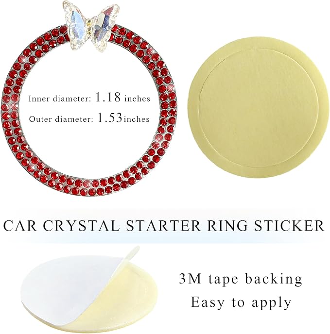 DXNQ Bling Ring Emblem, Sparkling Butterfly Car Buttons and Knobs Ring, Girly Butterfly Diamond Car Engine Start Button Cover, Key Ignition Knob Rings Decoration for Women (Red, Double Row)