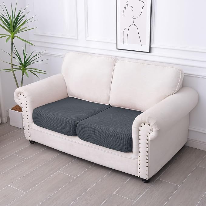 hyha Waterproof Couch Cushion Covers, Washable Sofa Cushion Slipcovers, Thick Stretch Jacquard Fabric, Couch Sofa Covers for Pets with Elastic Bottom (2 Pieces, Grey)