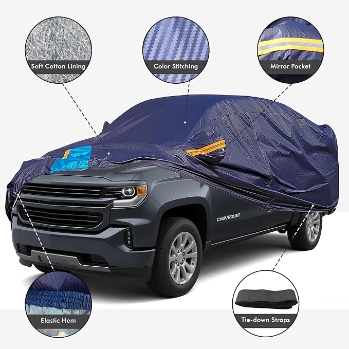 Car Cover Waterproof All Weather, 6 Layers Outdoor Full Exterior Cover Rain Sun UV Snowproof Protection with Zipper Cotton, Mirror Pocket for Chevrolet Silverado