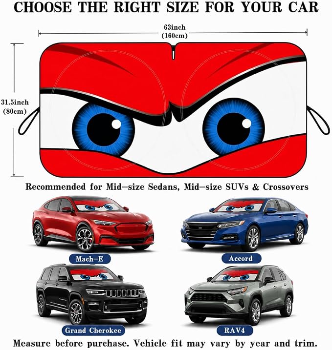 Car Windshield Sun Shade, Universal Fit Midsized Sedan SUV, Angry Red | 63 x 31.5" Windshield Cover, Foldable Front Window Sunshade, UV Heat Protection, Cute Eyes Series