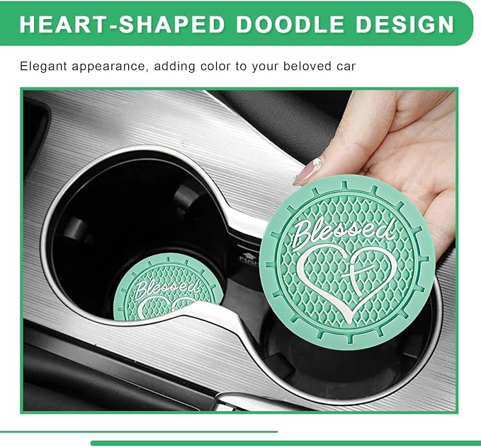 2 PCS Car Cup Holder Coaster, 2.76 Inch Non-Slip Auto Drink Mats with Blessed Cross and Heart, Shockproof Christian Cup Insert Coaster for Most Vehicles, Car Accessories (Mint Green)