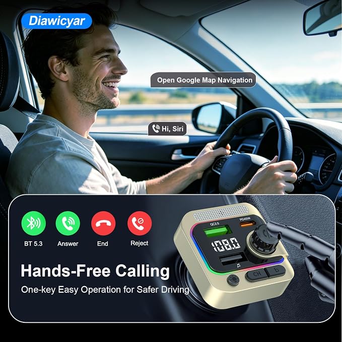 63W FM Transmitter Bluetooth Car Adapter, Wireless FM Bluetooth Transmitter | [PD 45W & QC3.0] Fast Charge, Deep Bass Player, Hands-Free Calling, Gold