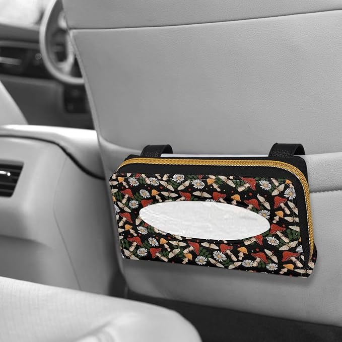 PU Leather Automotive Sun Visor Tissue Holder Mushroom Daisy Print Tissue Holder Tissue Box for Sun Visor & Back Seat Universal