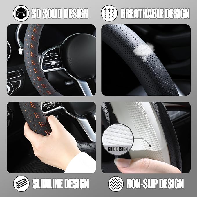 3D Slim Soft 14 inch Leather Steering Wheel Cover Black with Orange | Breathable Anti-Slip Premium Skin-Feel Perforated Thin Nappa Leather, Small 13.5 inch to 14 inch