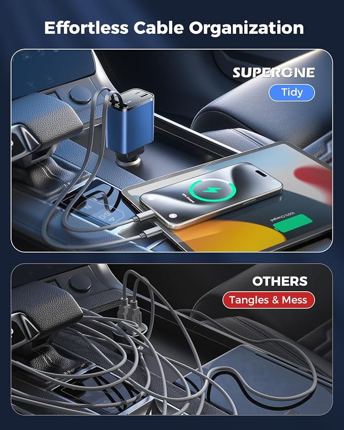 [Upgraded] 6 in 1 Retractable Car Charger, SUPERONE Smaller Fast Car Phone Charger 69W with Cord, USB C and iPhone Car Charger Adapter, Compatible iPhone 17/17 Pro Max/16/15/14/13, Sumsung