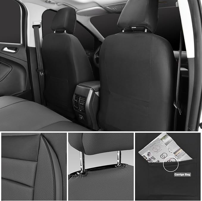 CAR PASS Car Seat Covers Front Seats Only, Universal Fit Automotive Interior Waterproof 3D Foam Back Support Car Seat Covers for Trucks Vans and SUVs Airbag compatible 2 Pieces black gray grey