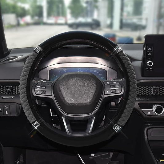 Bling Soft Leather Steering Wheel Cover, 15 Inch Colorful Rhinestones Auto Elastic Steering Wheel Protector for Women Girls, Car Accessories Anti Slip Steering Wheel Cover for Cars, SUVs (Gray)