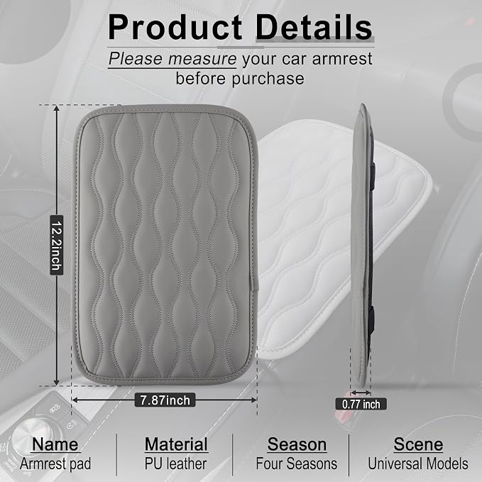 Amiss Car Center Console Cover, Upgraded Leather Car Armrest Cushion, Universal Waterproof Cushion Pad, Non-Slip Car Interior Accessories, Fits Most Sedans SUVs Trucks (Gray)