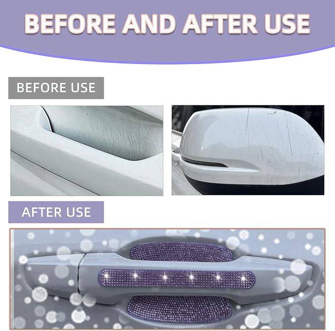 NBTEPEM 10 Pcs Bling Rhinestone Car Door Handle Stickers, Universal Crystal Diamond Glitter Door Handle Protector Decals, Scratch‑Resistant Bling Car Accessories for Women (Purple)