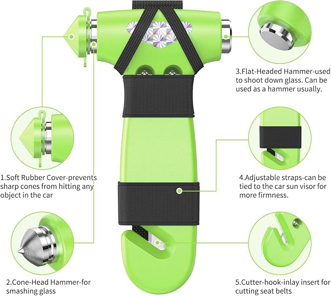 Car Safety Hammer, 3-in-1 Emergency Escape Tool with Window Breaker and Seat Belt Cutter, Safety Emergency Car Escape Tool for Car, Office, Home, 2PCS Green