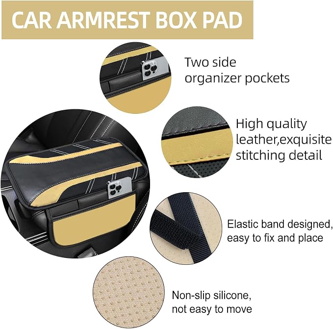 NBTEPEM 6 Pcs Beige Car Accessories Set, Sport Leather Steering Wheel Cover 14.5-15inch Universal, Microfiber Leather Car Center Console Cover, Seat Belt Cushion, Cup Holder Coaster (Black-Beige)