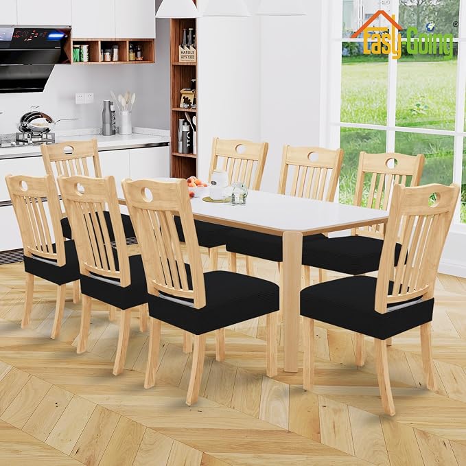 Easy-Going 100% Waterproof Seat Covers for Dining Room Chairs, Stretch Jacquard Chair Seat Slipcovers Removable and Washable Kitchen Dining Chair Covers (Set of 8, Black)