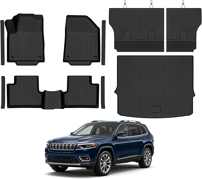 Custom Fit Floor Mats for 2015-2018 Jeep Cherokee(Only Fit Cargo in Upper Deck Position), All Weather TPE Floor Liners & Trunk Mat & Backrest Protectors & Door Sill Guard, Interior Accessories