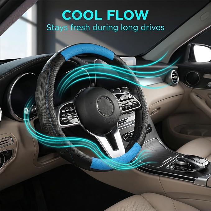 Car Steering Wheel Cover, Breathable Carbon Fiber Vehicle Steering Wheel Protector with Anti-Slip Lining, Automotive Interior Accessories, Universal for SUV RV Truck (Black Blue)