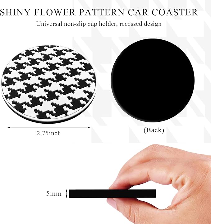 DXNQ 4 PCS Car Cup Coasters, 2.76 Inch Anti-Slip Checkered Vehicle Cup Holder Insert Coasters, Auto White & Black Drink Cup Mats for Front Console Cup Holders, Car Accessories (Houndstooth)