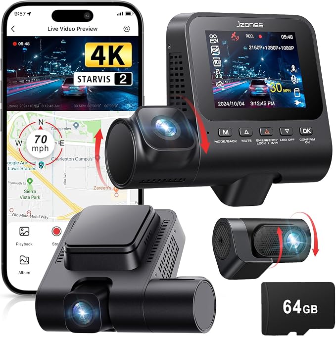 Jzones 4K 3-Channel Dash Cam Front and Rear with Cabin, STARVIS 2 Sensor, Dash Camera for Cars with WiFi 6, G-Sensor, Loop Recording, Night Vision, 24H Parking Mode, 64GB Card Included