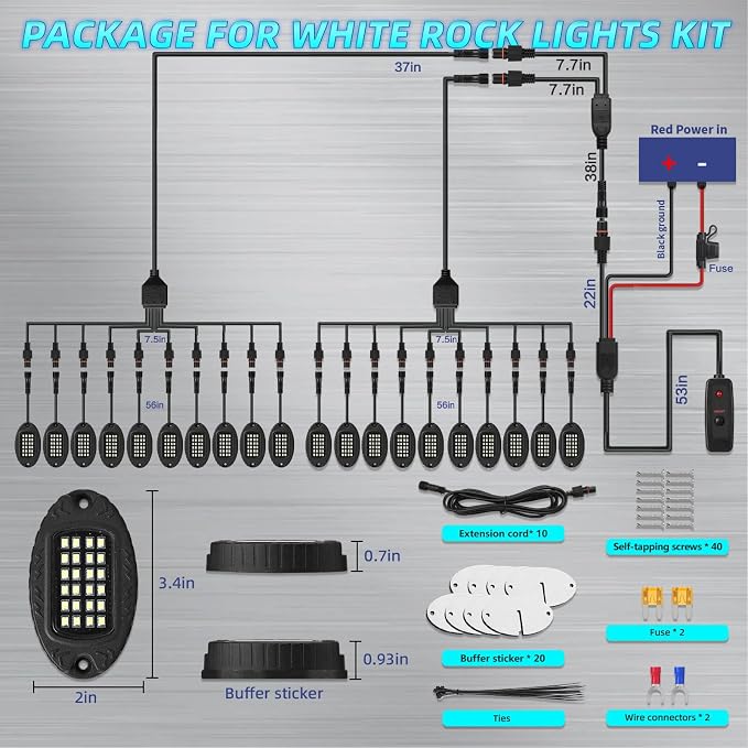 20Pods Metal Pure White LED Rock Lights Kit 6500K for Truck Pickup Offroad | Aluminum Housing, Plug-and-Play & Pre Wired, Switch Wiring Harness Extension Fuse, 480Chips Waterproof 12V, Pure Copper Wire