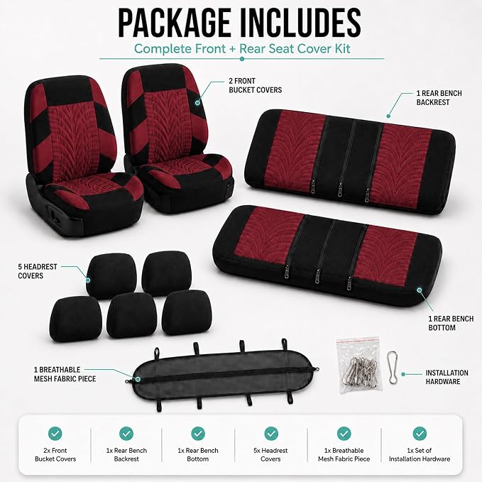 FH Group Full Set Travel Master Car Seat Covers, Airbag and Split Rear Car Seat Cover Universal Fit Interior Accessories for Cars Trucks SUV, Automotive Seat Covers, Burgundy