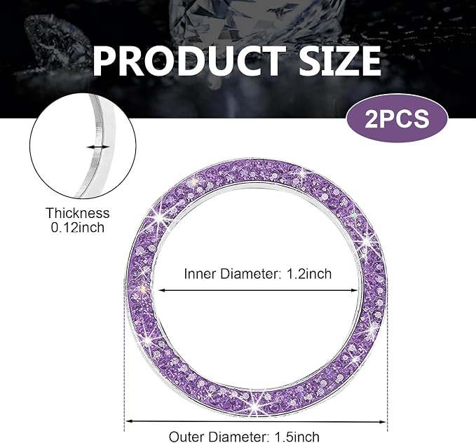 2PCS Car Engine Start Decoration Ring, Bling Crystal Double Rhinestone Push to Start Button Cover Sticker, Car Interior Accessories for Women,Fit for Key Ignition Knob Ring Decoration(Purple)