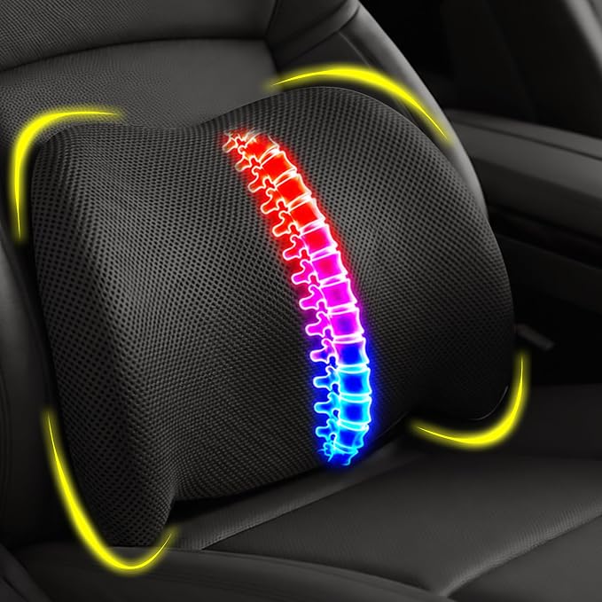Lumbar Support Pillow for Car, Back Support Cushion for Office Chairs | Memory Foam Car Lumbar Support for Driving Seat, Adjustable Straps, Car Back Support for Long Drives, Office Chairs, Black