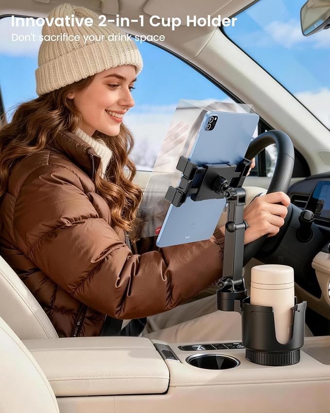 OHLPRO Cup Holder Tablet Mount for Car, Anti-Shake iPad Stand with Drink Holder Fits 5-17" iPad, Tab S10, iPhone, Heavy Duty Truck Vehicle Auto Accessories, Dual Handle Slots Large Mugs