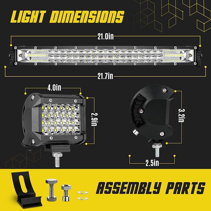 LED Lights Bars Kits (2) 20 Inch 180W (4) 4Inch 72W 12V 24V Truck Bumper Slim Work Off Road Driving Flood Spot Lights Pods 10000lumen 6500K for ATV Tractor Pickup Golf Cart RV with (2) Wiring Harness