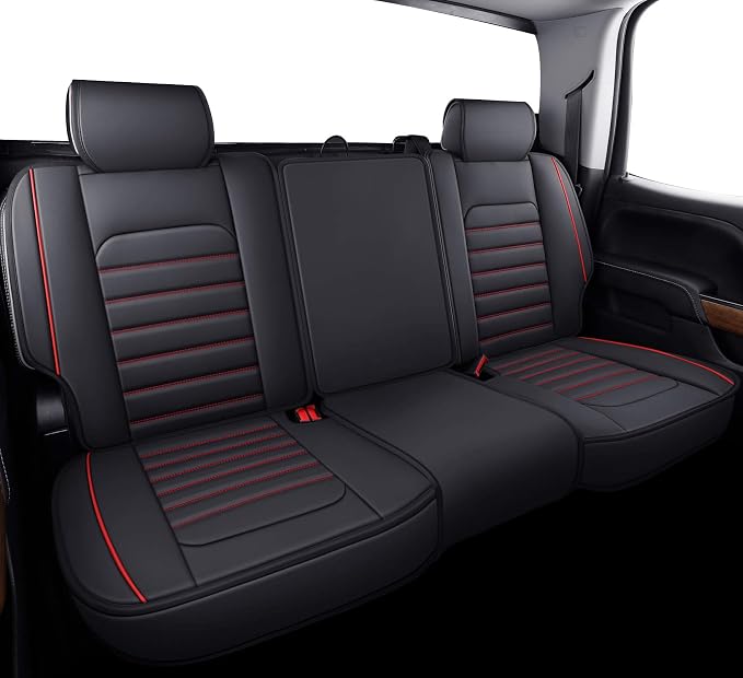 YIERTAI Seat Covers for Silverado Sierra Fit 2007-2024 2025 2026 1500/2500/3500HD Crew Double Extended Cab Waterproof Leather Back Seat Cover(1 Rear Seat Cover/Black-Red)
