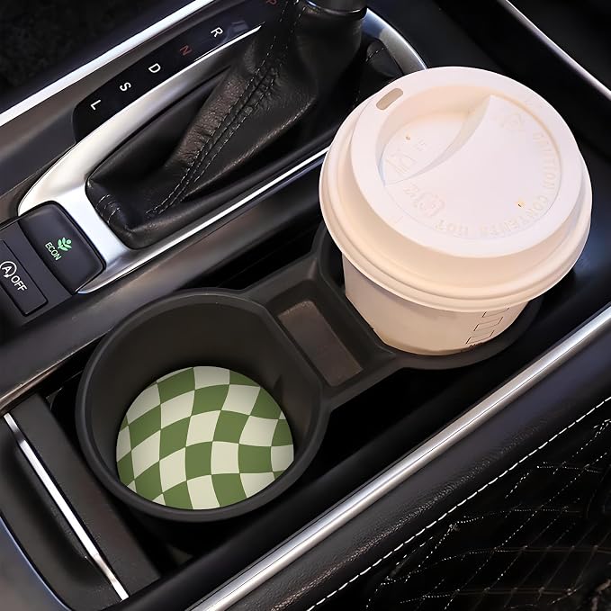 Wave Green Chekerd Car Coasters for Cup Holder Absorbent Ceramic Cup Coaster 2 Pack Anti Slip Car Interior Accessories with Finger Notch Cork Base for Women Men 2.56"
