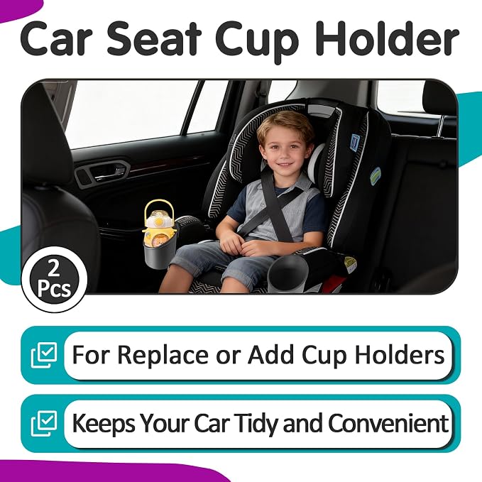 2 Pcs Car Seat Cup Holders Compatible with Graco 4Ever DLX Car Seats | Dishwasher Safe Single Cup Holder, Durable Replacement Accessory, For Toddler Car Seats, Fits Left or Right Side, Black