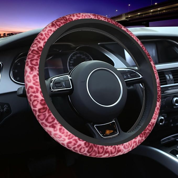Pink Leopard Print Steering Wheel Cover Pink Cheetah Print Steering Wheel Cover Anti-Slip Breathable for 15 in Universal 2 Pcs Car Interior Cup Holder Pad for Men Women