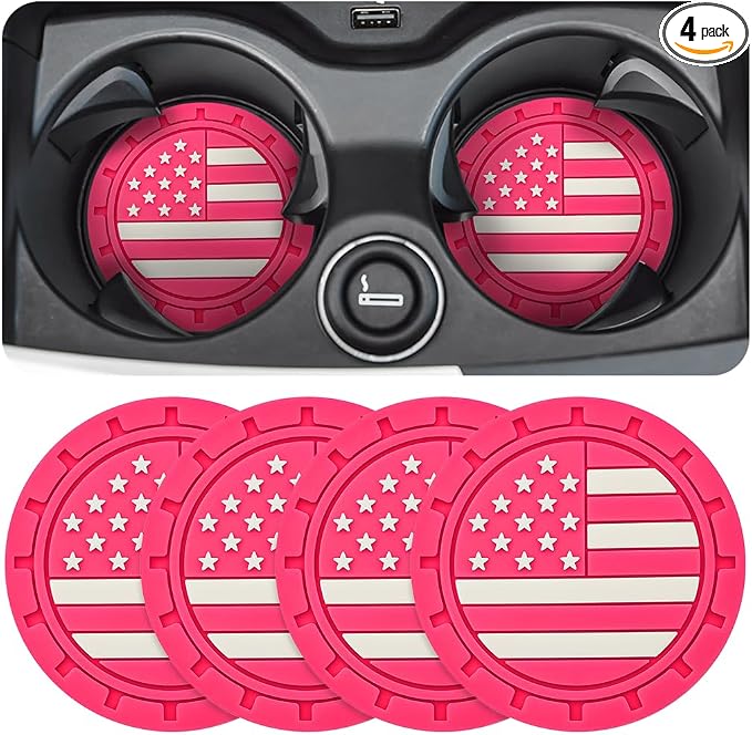 Osilly Car Cup Holder Coasters, 4 Pack American Flag Insert Car Cup Coaster, 2.75 Inch PVC Anti Slip Shockproof Embedded Drink Mat, Car Interior Decoration Accessories for SUV, Truck(Rose Red)