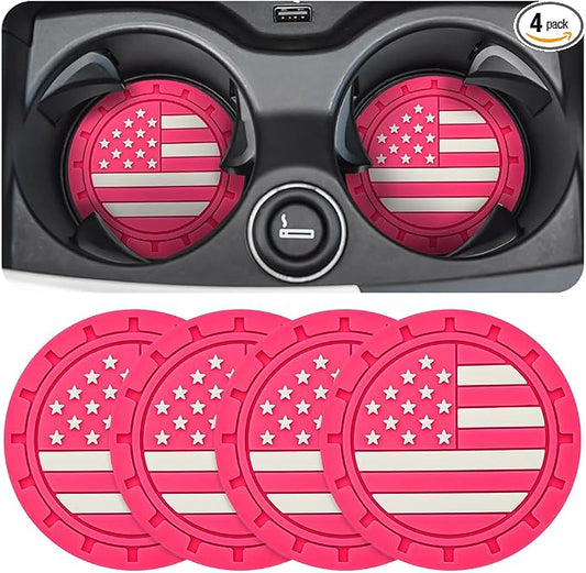 Osilly Car Cup Holder Coasters, 4 Pack American Flag Insert Car Cup Coaster, 2.75 Inch PVC Anti Slip Shockproof Embedded Drink Mat, Car Interior Decoration Accessories for SUV, Truck(Rose Red)