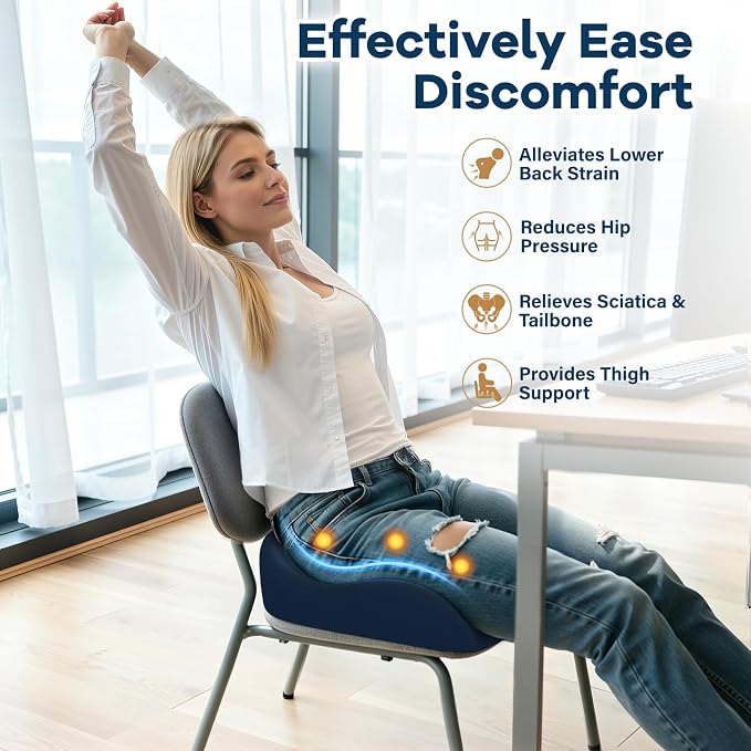Seat Cushion for Pressure Relief - Ergonomic Home & Office Chair Cushions for Tailbone, Hip, Sciatica Support, Memory Foam Chair Pad for Long Sitting, Driving (Blue)